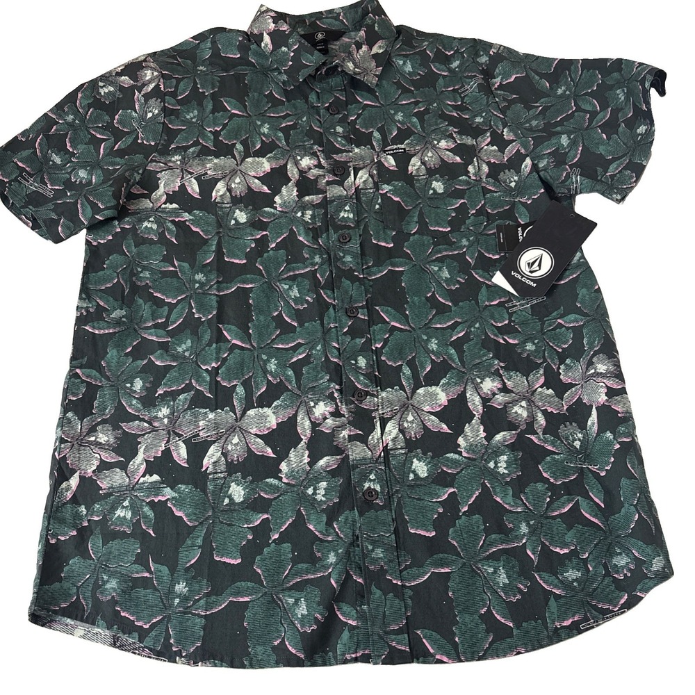 NEW Volcom Mens M Short Sleeve Button up Shirt Black Floral Tropical cotton NWT